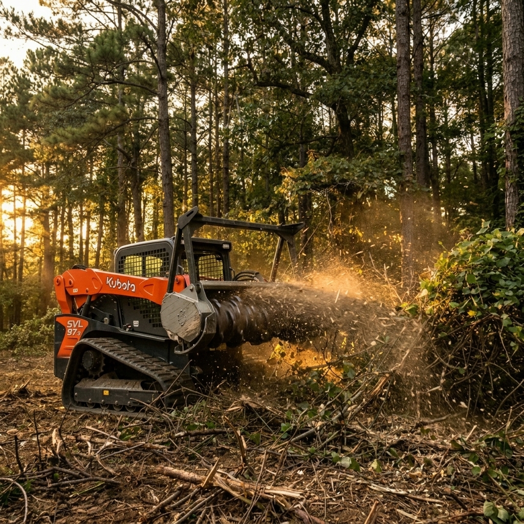 Kubota SVL97-3 compact track loader with FAE forestry mulching head clearing land in North Carolina